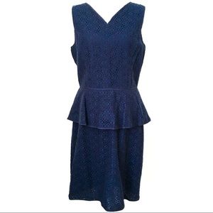 MAX STUDIO NAVY EYELET PEPLUM SHEATH DRESS